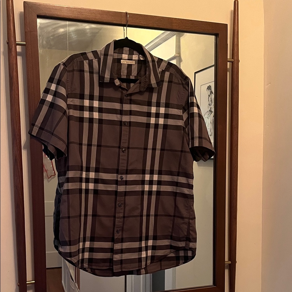 EUC Burberry Men's Plaid Button Down Shirt - Black, Crème, and Gray